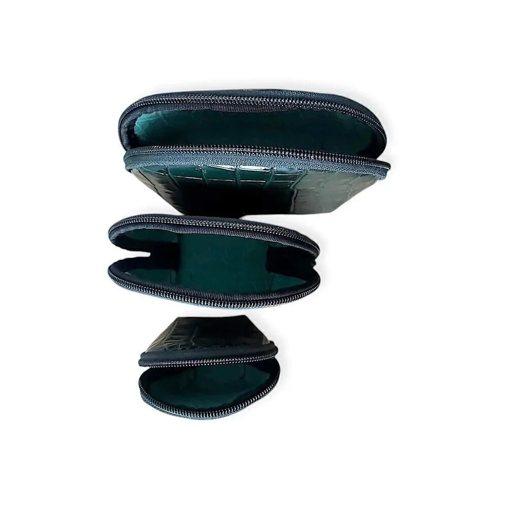 Furla Leather Cosmetic Case Set, Green Crocco Print Leather, Set of 3, New